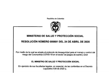 Ministerio de Salud y Protección Social publica resolución para adoptar protocolo de bioseguridad en Chance y apuestas permanentes 