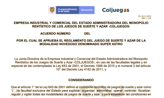 Coljuegos publica segunda regulación especial para Super Astro
