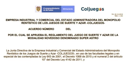 Coljuegos publica una regulación especial para Super Astro 