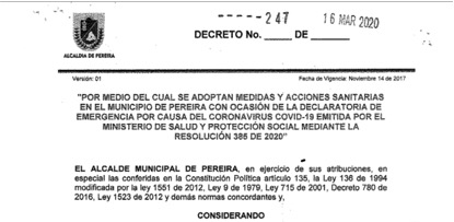 All casinos in Pereira and Barranquilla ro be close, as preventive to covid – 19