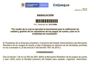 COLJUEGOS will begin to qualify operators as banks do with their customers