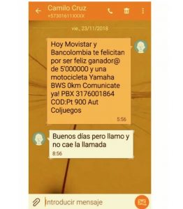 Colombia: Scam text messages through raffles and other type gambling