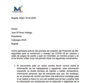 Mundo Video sent comments on the draft of the suggested protocol for COVID-19 of Coljuegos
