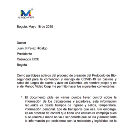 Mundo Video sent comments on the draft of the suggested protocol for COVID-19 of Coljuegos