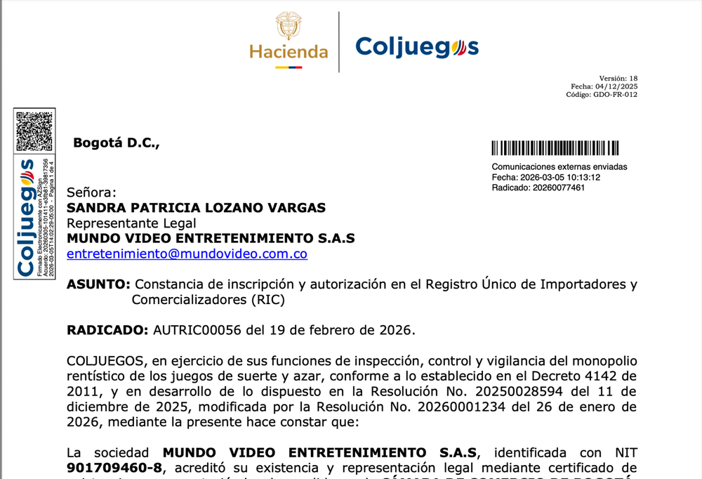 Coljuegos clears MundoVideo® under Colombia’s new RIC registry, raising the bar on slot-machine traceability