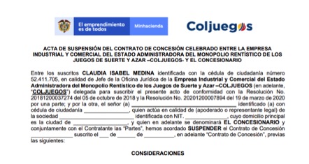 Acta de suspensión de Contrato ante Coljuegos plazo para enviar solo hasta mañana 24 de marzo