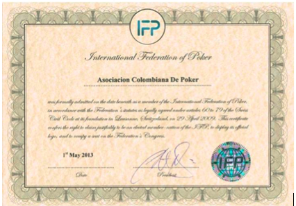 AQUI ESTA NUESTRO CERTIFICADO COMO AGREGADOS DE LA FEDERACION INTERNACIONAL DE POKER: MUNERA