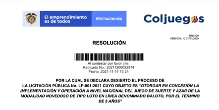 Baloto, desierta la Licitación