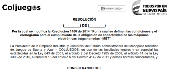 Coljuegos , opine sobre el Nuevo Proyecto de Modificación a resolución 1400 de 2015