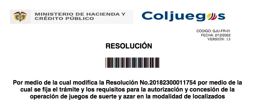 Coljuegos,Proyecto de modificación de la Resolución 20182300011754 de 2018