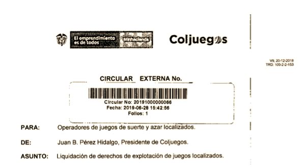 Coljuegos publica circular liquidación de derechos de explotación