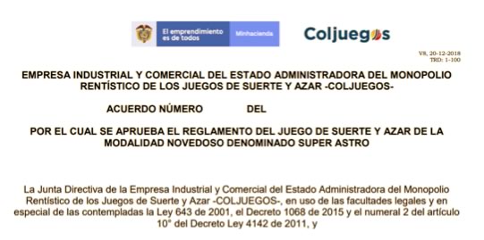 Coljuegos publica una regulaciÃ³n especial para Super Astro