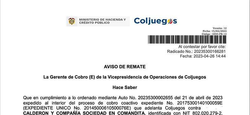 Coljuegos rematarÃ¡ por primera vez bien secuestrado por deuda a la entidad