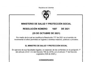 Ministerio de Salud y ProtecciÃ³n Social expidiÃ³ la ResoluciÃ³n 1687 autorizando aforo del 100%