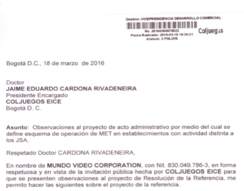 Mundo Video radicó comentarios en Coljuegos sobre proyecto para operar Máquinas Tragamonedas en sitios diferentes a Casinos o locales