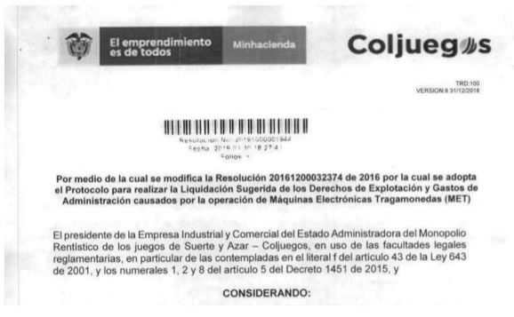 Resolución 20191000001944 de 2019 modifica la liquidación sugerída
