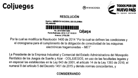 Ya es oficial , nueva fecha para conectar el 60% de MET´s  Marzo 31 2016 , Coljuegos