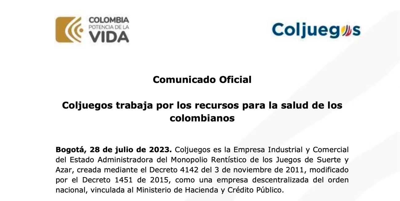 Coljuegos emite comunicado después del suceso del jueves