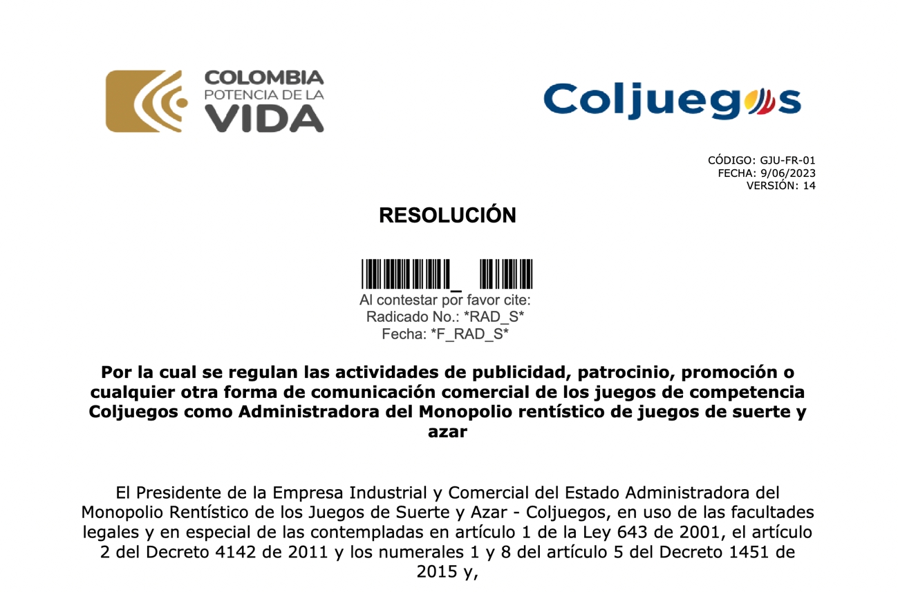 Coljuegos publica Proyecto de reglamentación, publicidad, patrocinio, promoción o cualquier otra forma de anuncio de Juegos