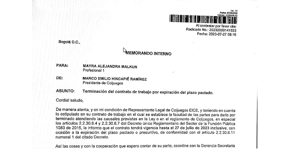 Despidos injustificados como presiÃ³n polÃ­tica en Coljuegos , la razÃ³n del sindicato
