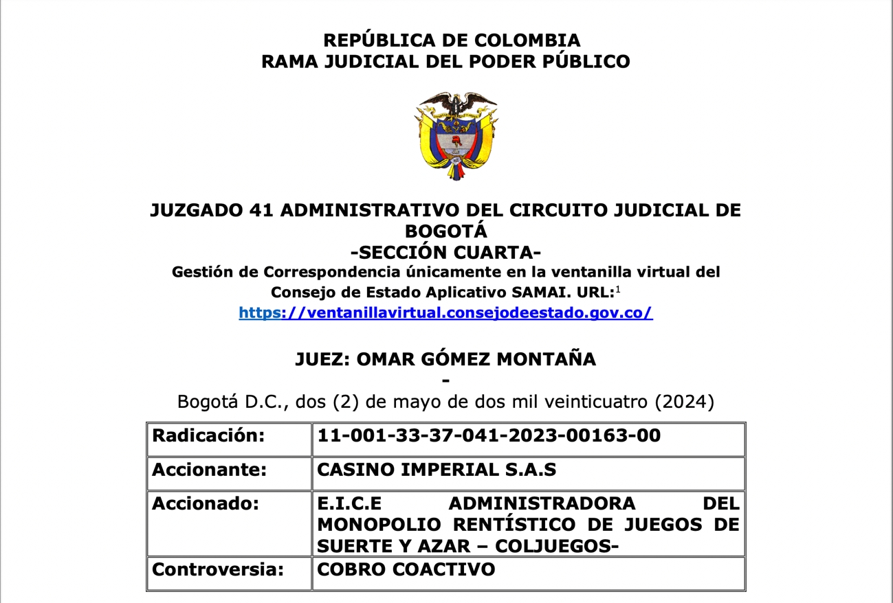 Juzgado 41 Condena a Coljuegos a devolver sumas a operador embargado por cobro coactivo.