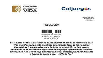 Coljuegos espera comentarios a modificación de la Resolución No. 20241200001824 sobre MET’s de Paz  