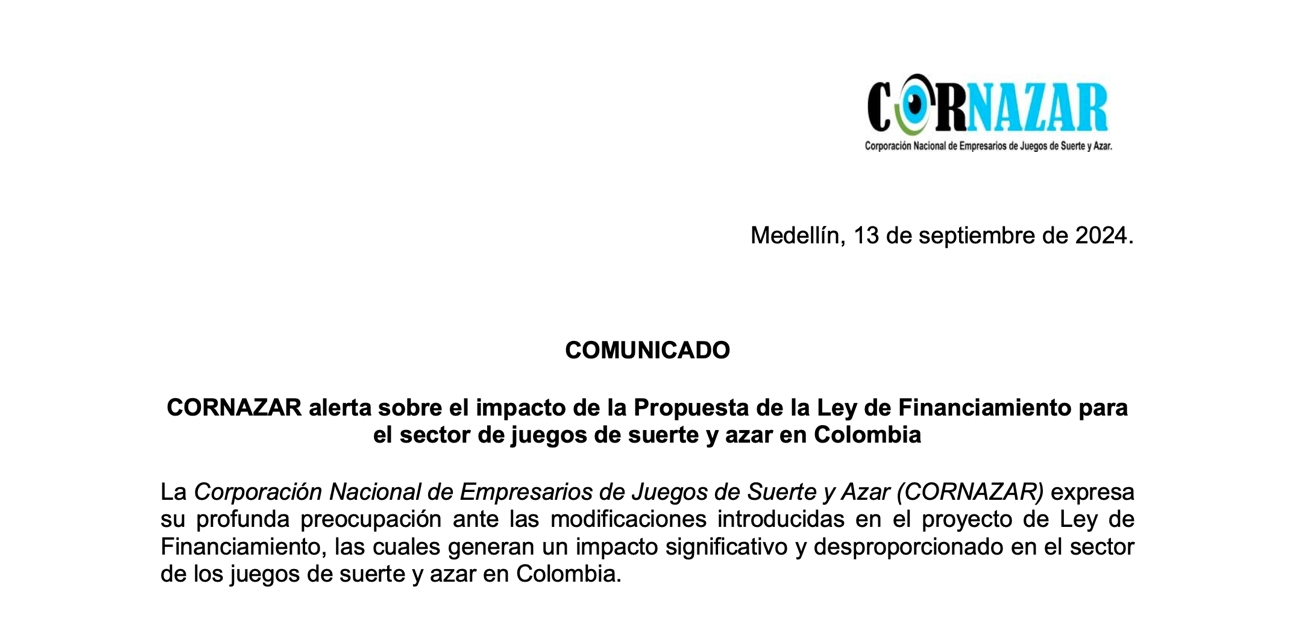 CORNAZAR alerta sobre el impacto de la Propuesta de la Ley de Financiamiento para el sector de juegos de suerte y azar en Colombia 