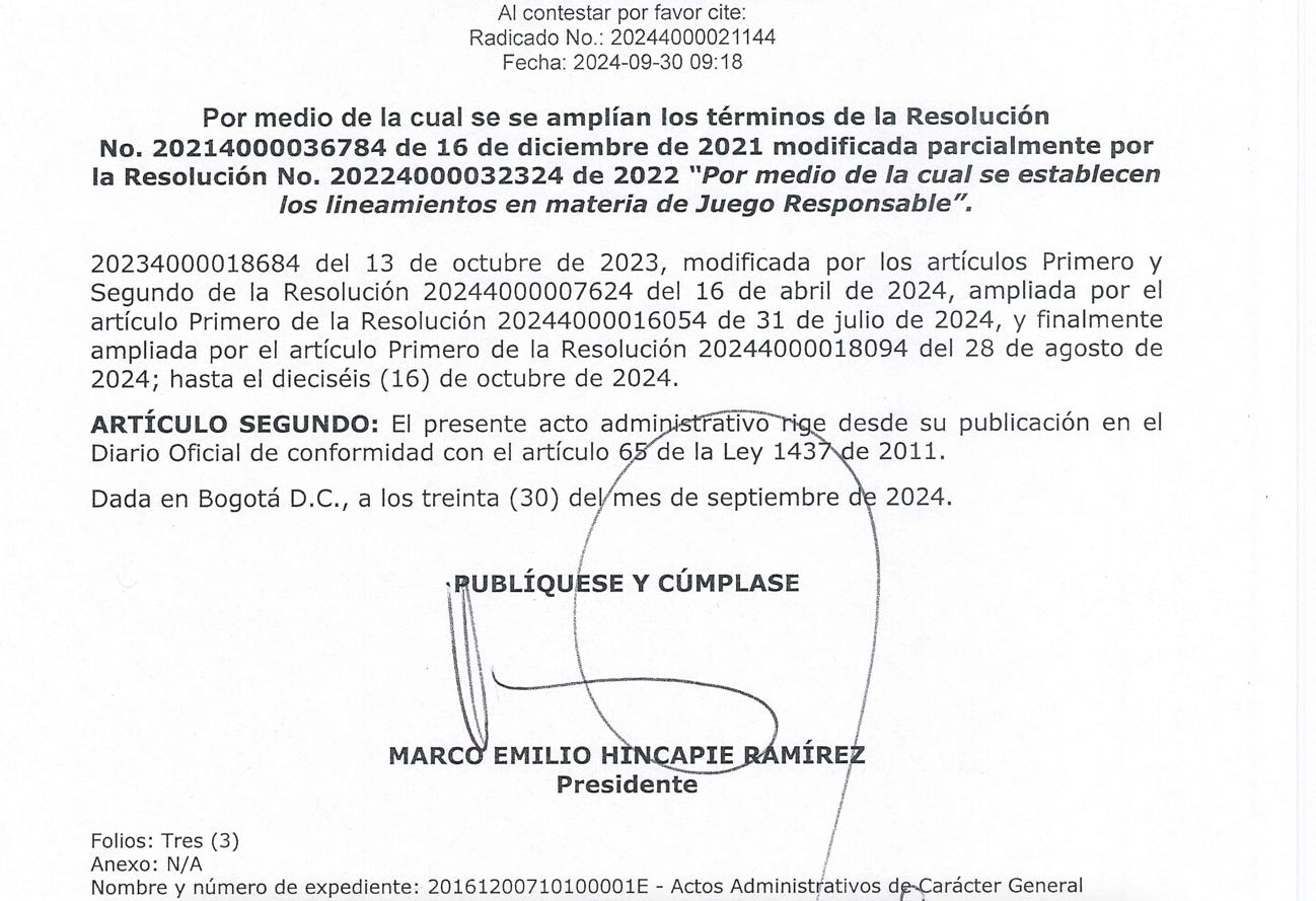Nuevamente Coljuegos extiende el plazo hasta Octubre 16 de 2024 para presentar programa de Juego Responsable. 