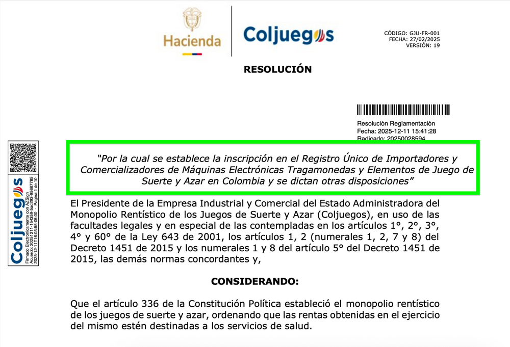 Coljuegos crea el registro único de importadores y comercializadores de mets y refuerza la trazabilidad