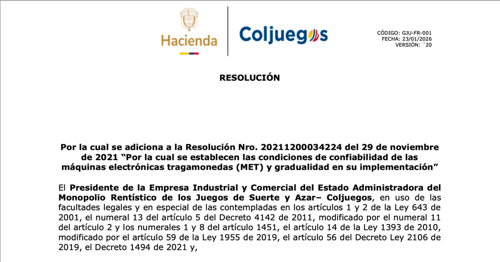 Coljuegos abre consulta pública para ajustar el régimen de confiabilidad de las MET y amarrarlo al SCLM+