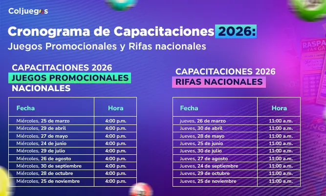 Coljuegos abre agenda 2026 de capacitaciones en rifas y juegos promocionales: fechas clave y enlaces de acceso