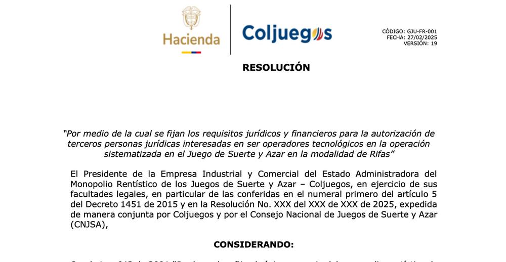 Coljuegos ajusta el umbral financiero para operadores tecnológicos en rifas sistematizadas