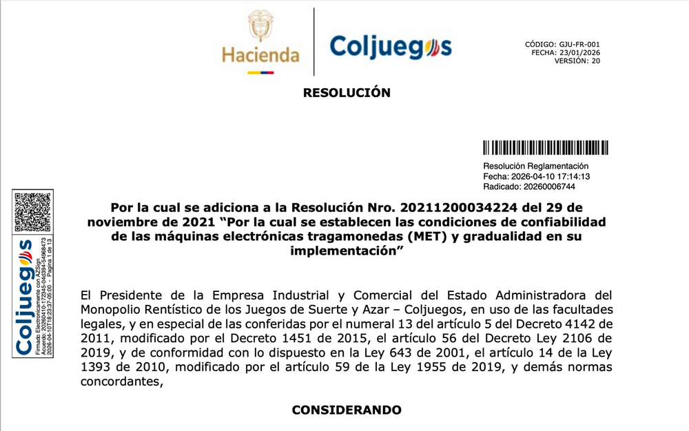 Coljuegos formaliza la adición a la Resolución de Confiabilidad MET: del debate regulatorio a la ejecución verificable