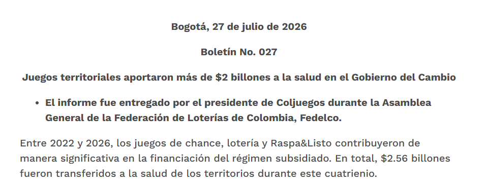 Juegos territoriales inyectan $2,56 billones a la salud